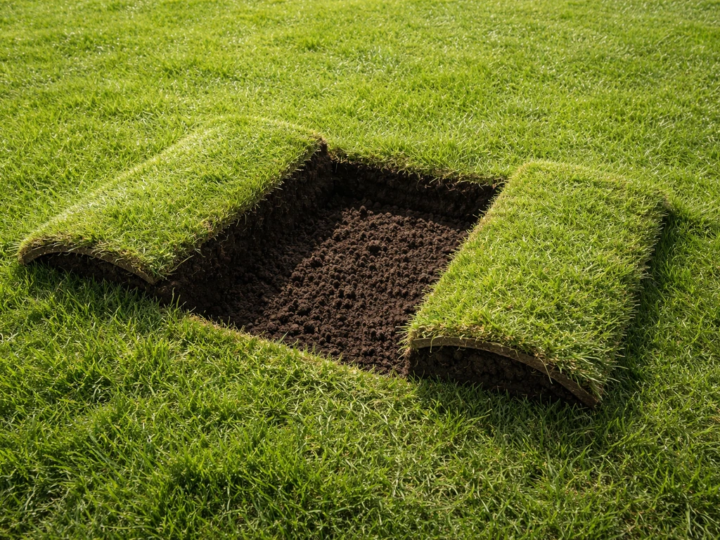 H-vormig opengesneden graszode-stuk met opgevouwen zijkanten en aangevulde grond in een tuin