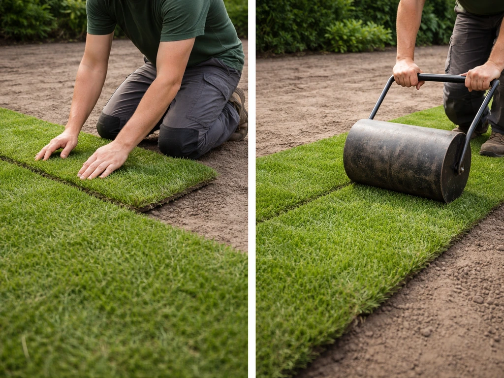 Werkman legt vers graszoden op een geëgaliseerd stuk tuin; strakke naden en aandrukken met rol