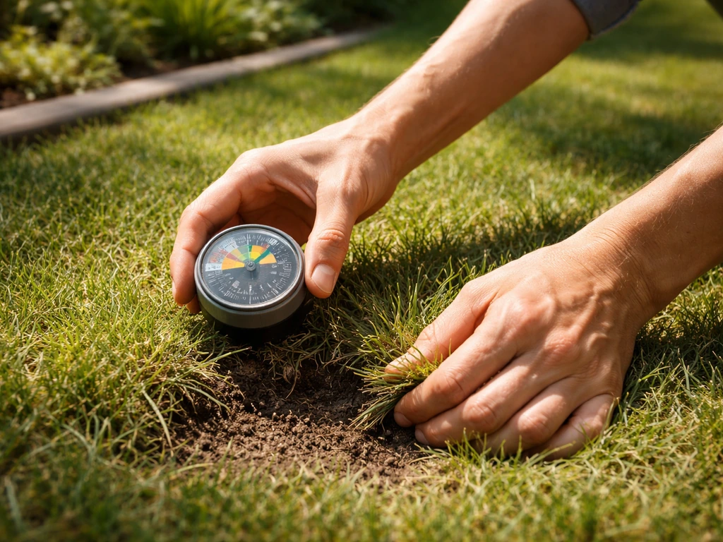 Persoon checkt zon en bodem in de tuin door het gras te inspecteren met een kleine zonwijzer.