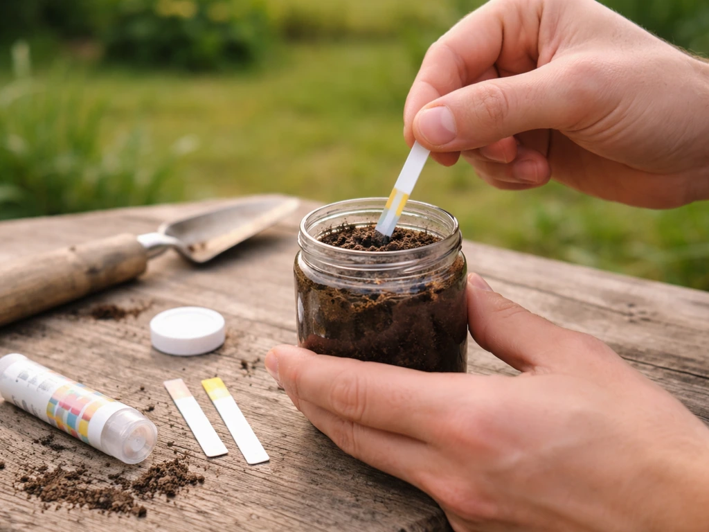 Iemand onderzoekt een bodemmonster in een pot met pH-teststrook op een landelijk werkblad