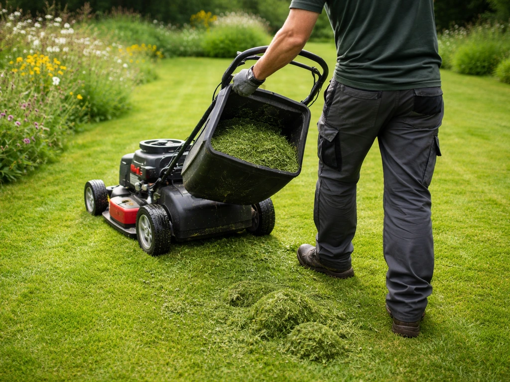 Tuinman maait een bloemrijk gazon op circa 8 cm en vangt het maaisel in een maaimand.