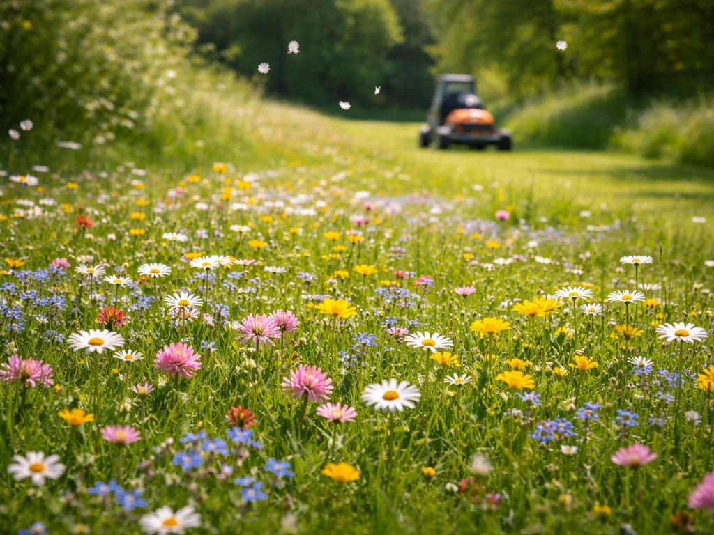 Maaibaar bloemen gazon in bloei met een maaier/maaiwagentje op de achtergrond in een rustige tuin.