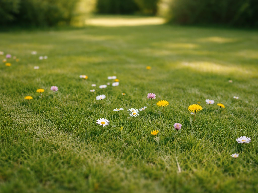 Natuurlijk gazonachtig tapijt met verspreide bloemen, duidelijk laag en maaibaar in een rustige tuinsetting.