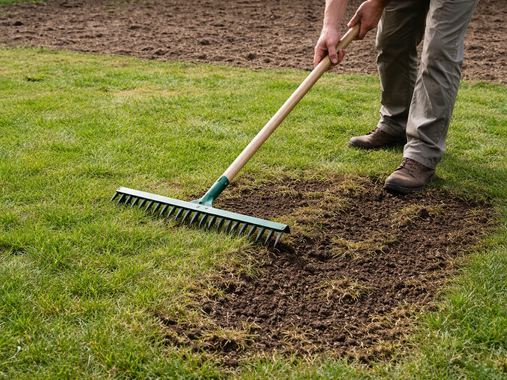 Handen en verticuteerhark in dichte grasmat, met zicht op losse aarde en open plekken in de tuin.