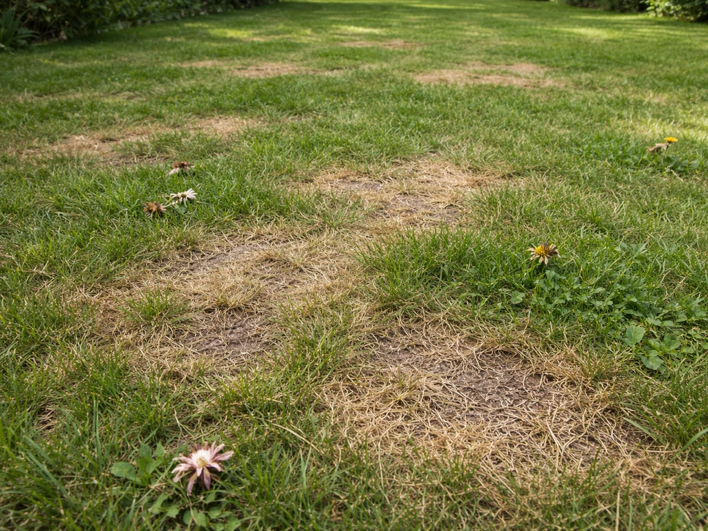 Buiten gazon met opvallende grass dominantie, schaarse bloemen en kale plekken in het gras