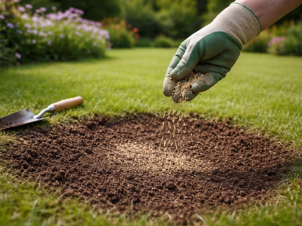 Hand die graszaad in kale plek strooit in een tuin, met nieuw zaadbed klaar voor herstel.