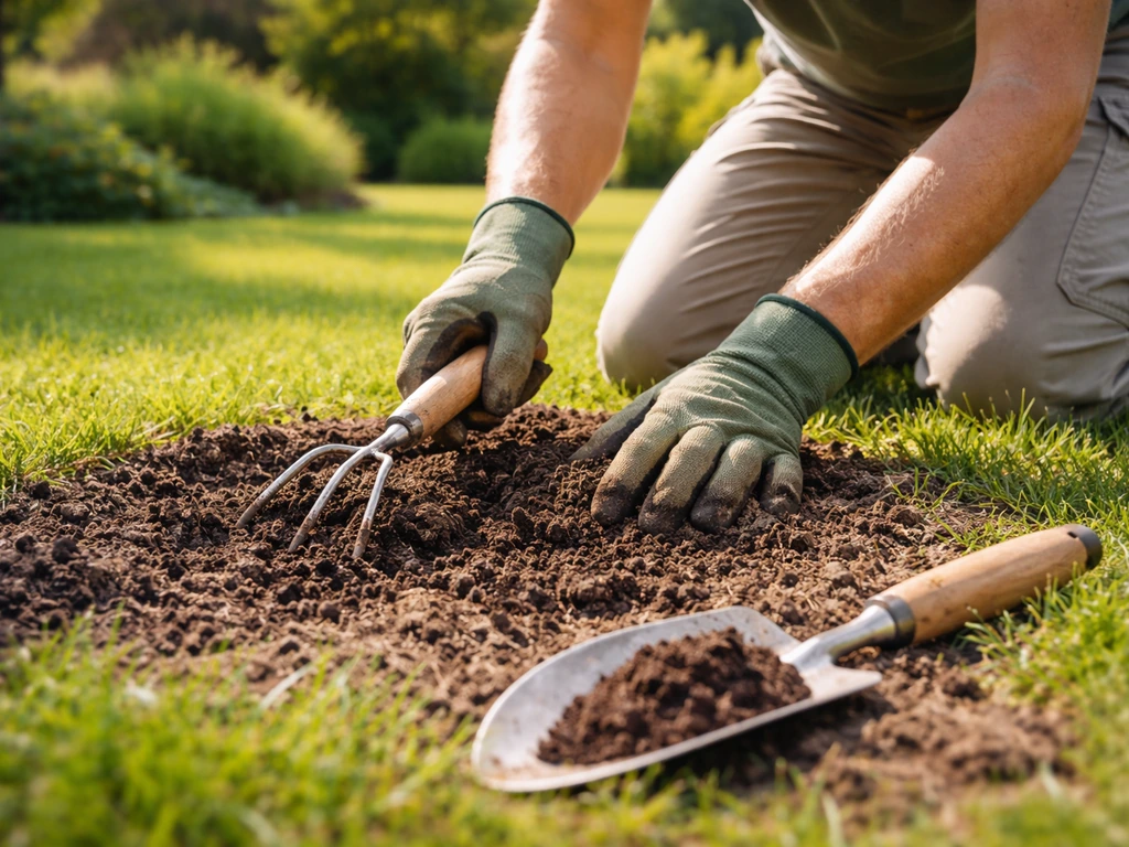 Anonieme tuinier maakt in het gazon de grond los voor betere waterafvoer en zonrijke stand.