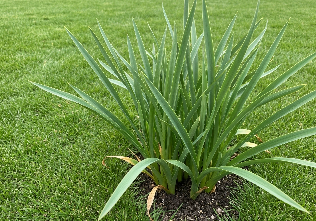 Gazon met bolbloemen: gemaaide grasrand naast bollenplek met nog groen blad en gele afgestorven bladeren