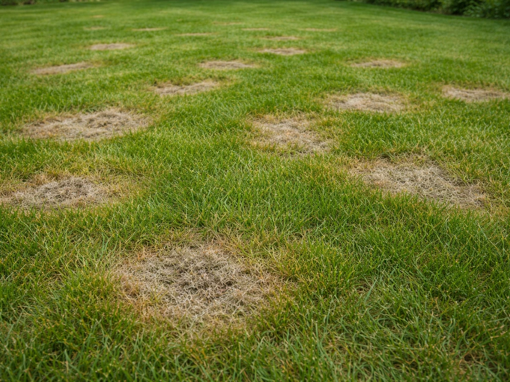 Nederlands gazon met zichtbare bruine/grijze schimmelplekken in een duidelijk patroon tussen groen gras.