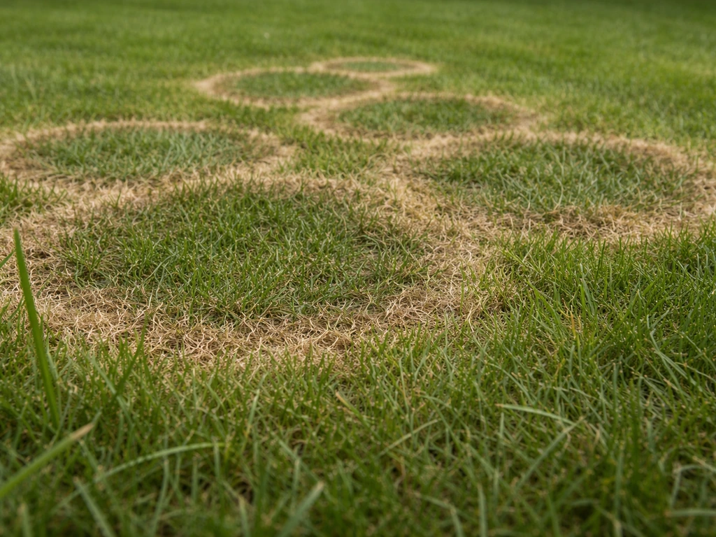 Close-up van gazon met waterige schimmelplekken en herkenbare kransen tussen het gezonde gras.