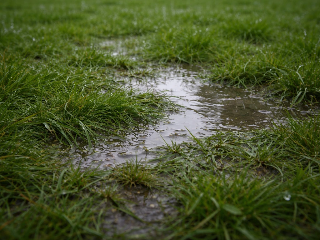 Natte gazonplanten met stilstaand water en donker vochtige grond, als teken van slechte drainage.