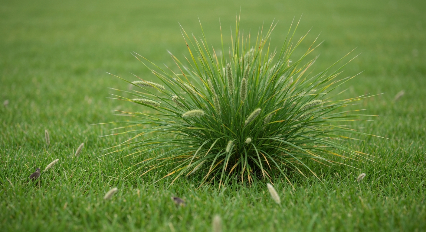 Gazon met in de voorgrond hanenpoot (Echinochloa) en lichte vogelgraafsporen in ochtendlicht