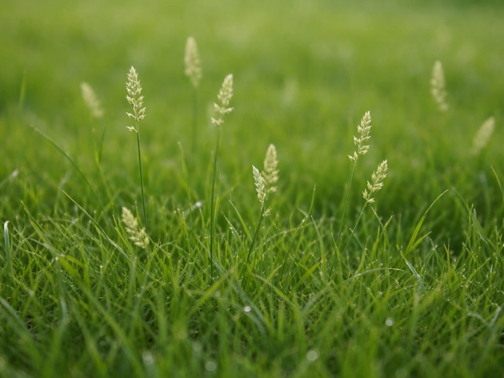 Close-up van een gazon met lichte, grasachtige pluimpjes op plekken, met zacht natuurlijk daglicht.
