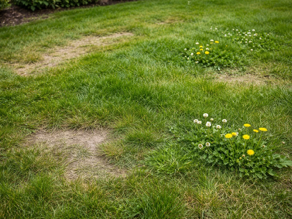 Tuin-gazon met zichtbare ongelijkheid: dunne plekken, onregelmatig gemaaid gras en bloeiend onkruid op de achtergrond.
