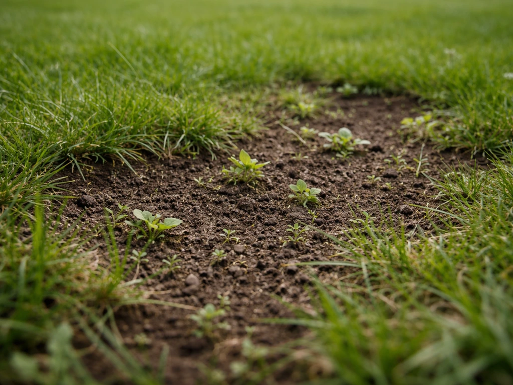 Detail van een gazon met kale plekken en jonge spruiten die net beginnen op te komen.