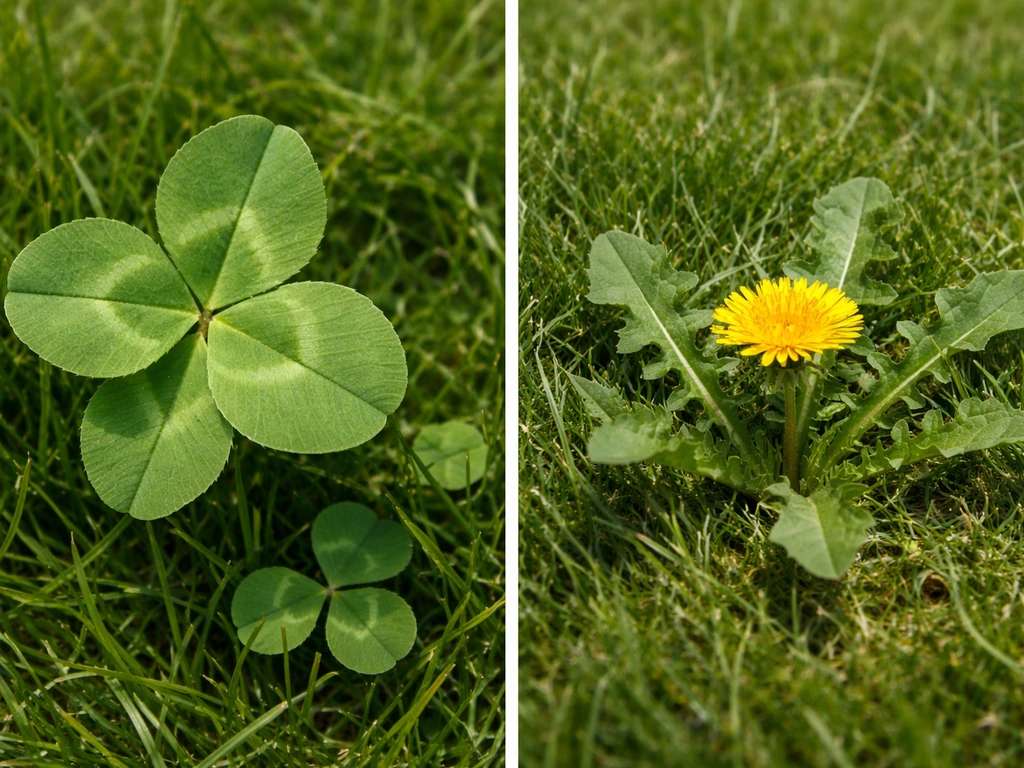 Vergelijking op gazon: klaver met drielobbige blaadjes naast paardenbloem met gele bloem.