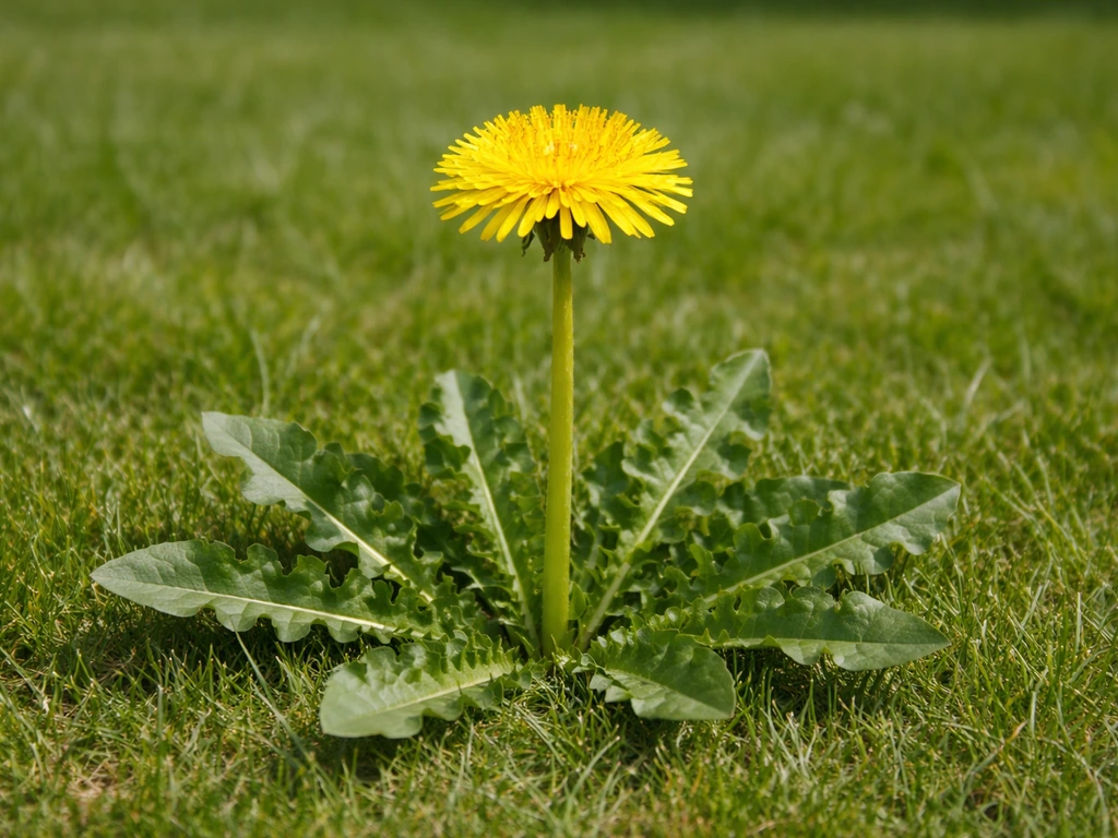 Close-up van een paardenbloem op een gazon: rozet met bladeren en een gele bloem met zaadpluis.