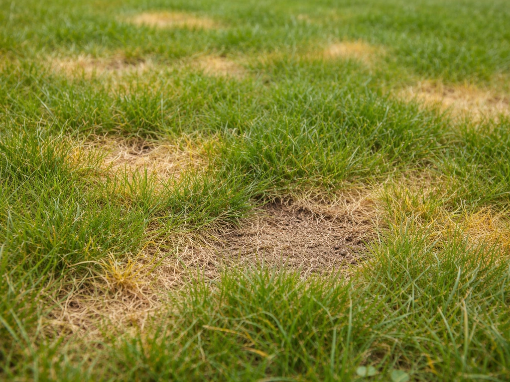 Close-up van beschadigd gazon met gele vlekken, brandplek en een kale, uitgedroogde zone