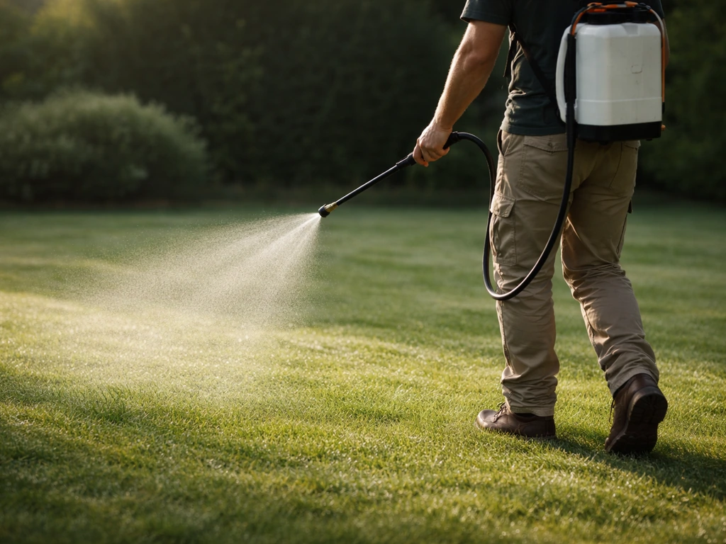 Vernevelspuitende tuinman besproeit licht vochtig gazon vroeg in de ochtend met zacht avondlicht, zonder volle zon.