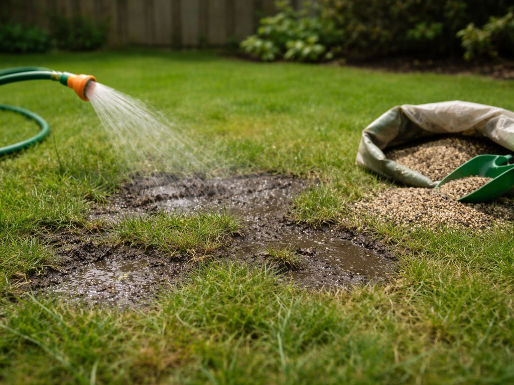 Beschadigde graszone met natte grond, klaar om zaad in kale plekken te strooien