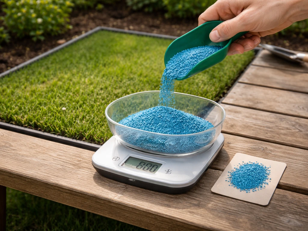 Blauwe gazonkorrel op een weegschaal naast een afgemeten grasvakje, met hand die doseert voor 20–30 g/m².