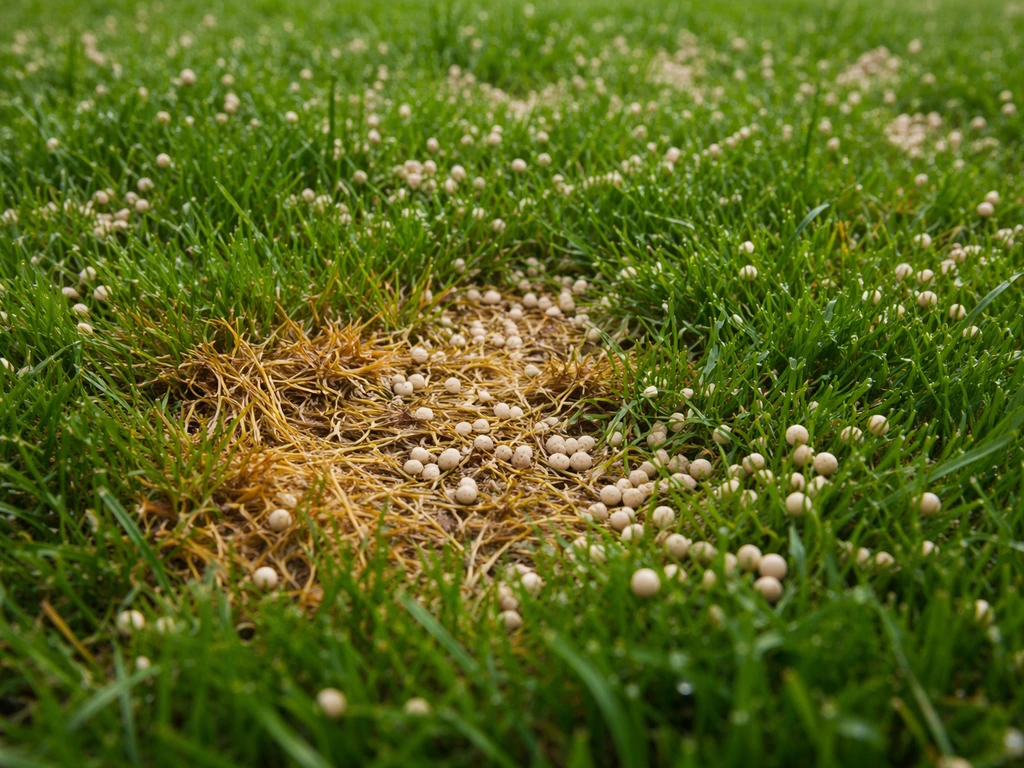 Close-up van nat gras met mestkorrels en enkele brandplekken als waarschuwing voor te veel of te vroeg strooien.