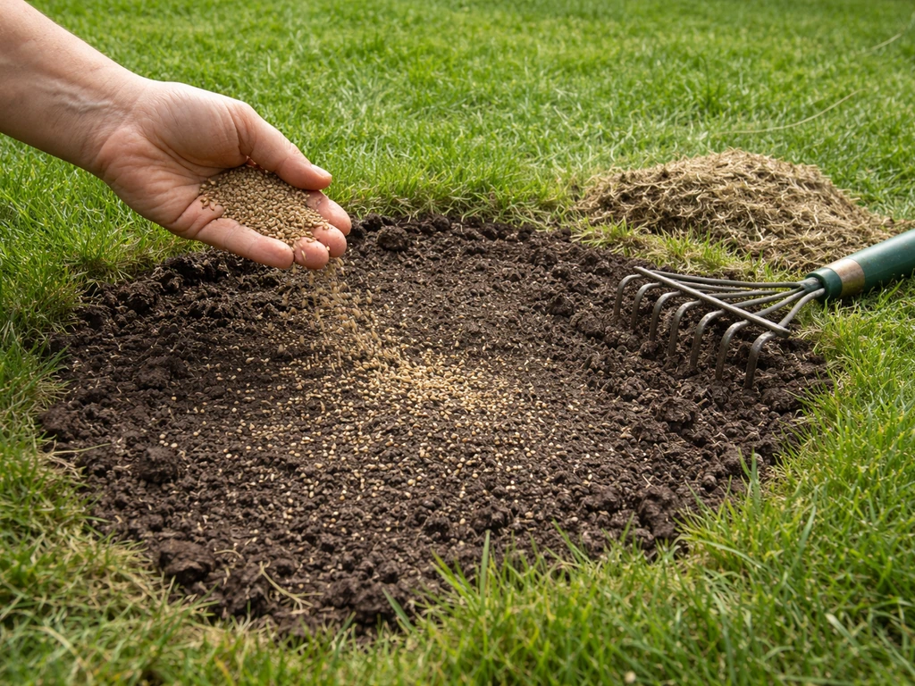 Tuinier die herstelgraszaad bijzaait in kale grasplekken en het licht inharkt