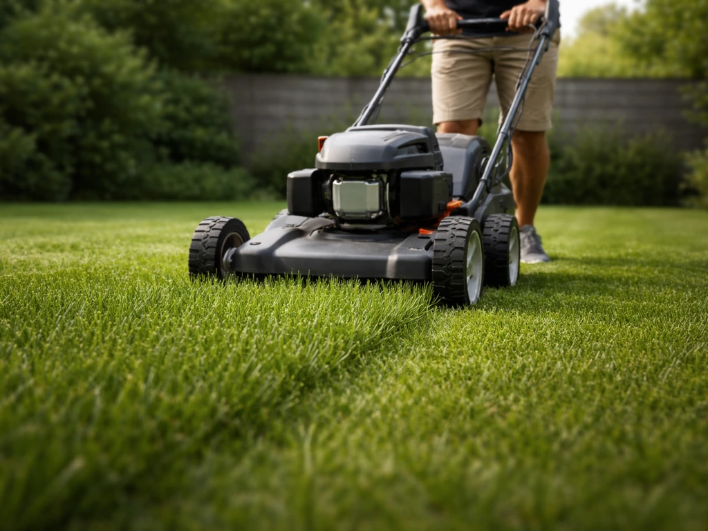 Anonieme persoon maait een dicht en vitaal gazon; het gras is ongeveer 4–5 cm hoog.