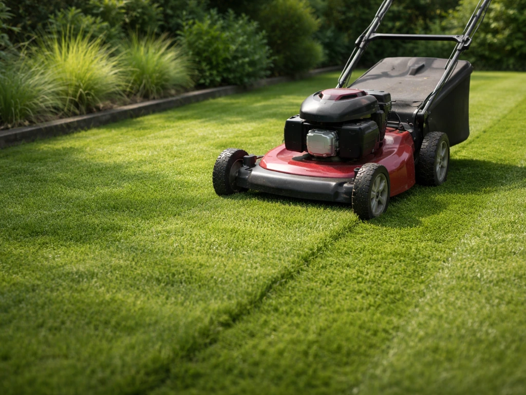 Gazon wordt in de zomer gemaaid met een grasmaaier; resterend gras is ongeveer 4–5 cm hoog bij de rand.