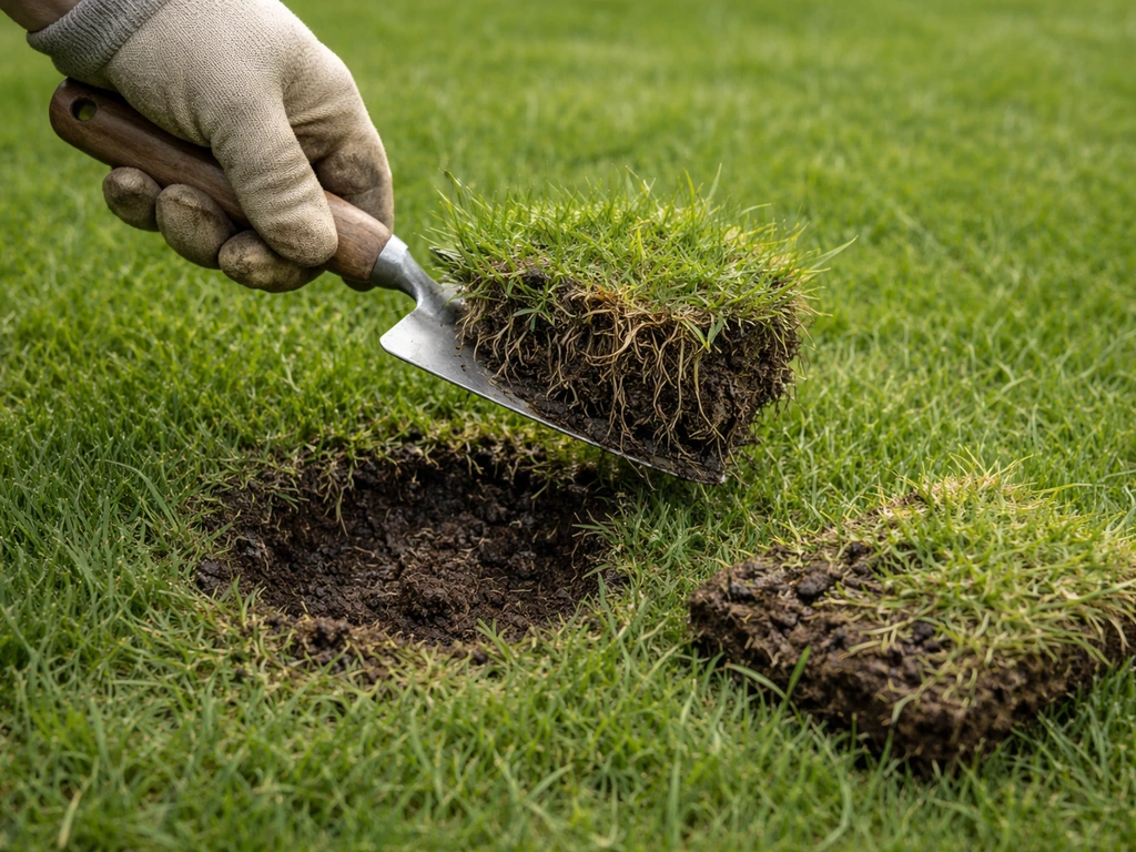 Hand met schop steekt een kleine graspol met wortels uit uit een kaal plekje in het gazon.