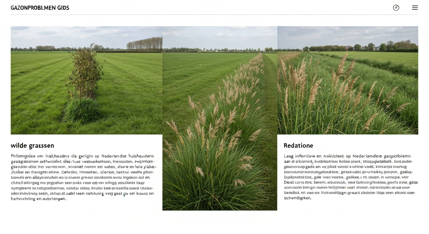 Gazon in Nederlands voorjaar: links gezond gazon, rechts plekken met wilde grassen (straatgras, ruw beemdgras, struisgras) zichtbaar; contrast in kleur en structuur.