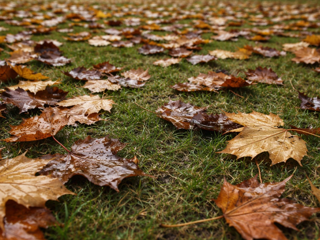 Nat en samengeplakt herfstblad op een gazon, waardoor het gras eronder minder fris oogt.