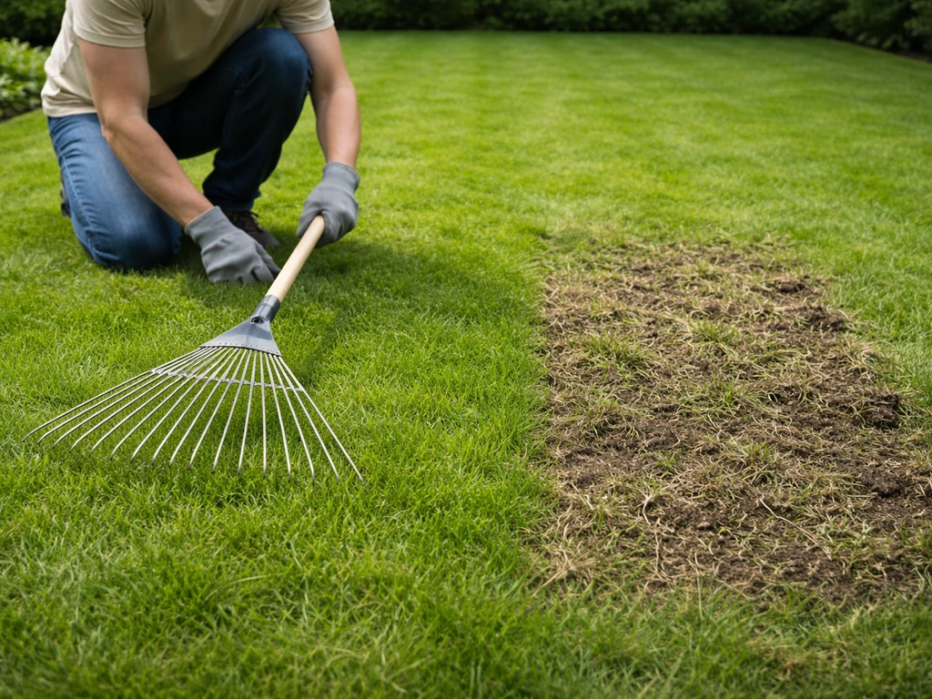 Tuinman gebruikt een ventilatorhark lichtjes op gras; beschadigd gras naast een nette, onbeschadigde strook.