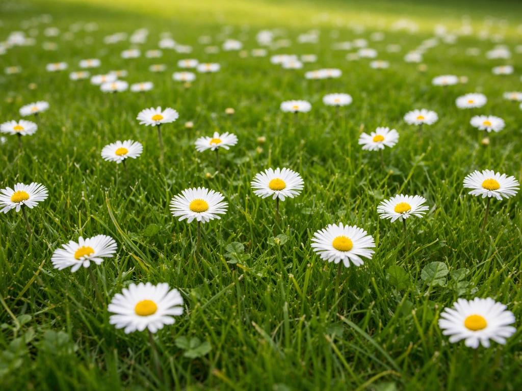 Close-up van een gazon met veel madeliefjes tussen het gras, duidelijke witte bloemetjes en grasmat eromheen.