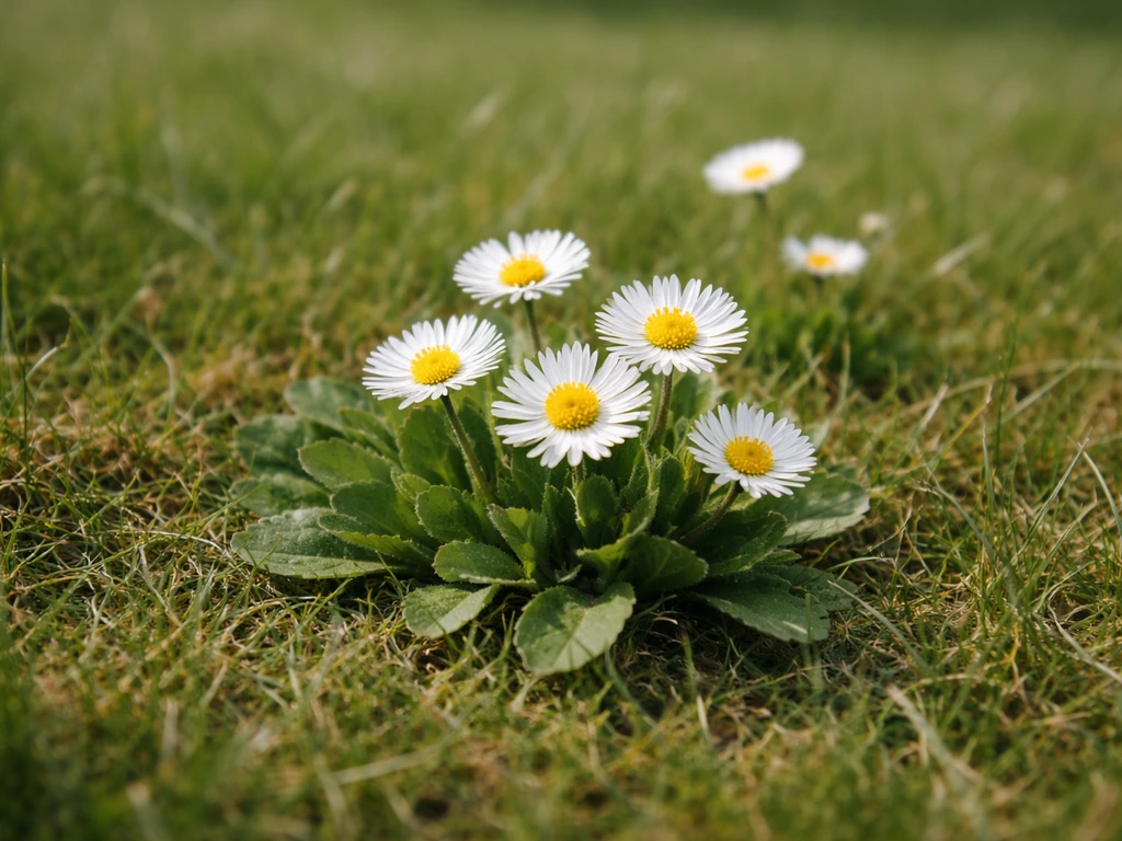 Close-up van madeliefjes (Bellis perennis) in een groen gazon met rozetbladeren en bloemen