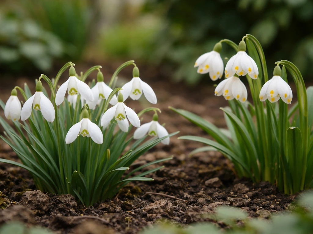 Sneeuwklokjes met duidelijke witte bloemen en groene binnenmarkeringen naast één of twee lookalikes, tuin in het voorjaa