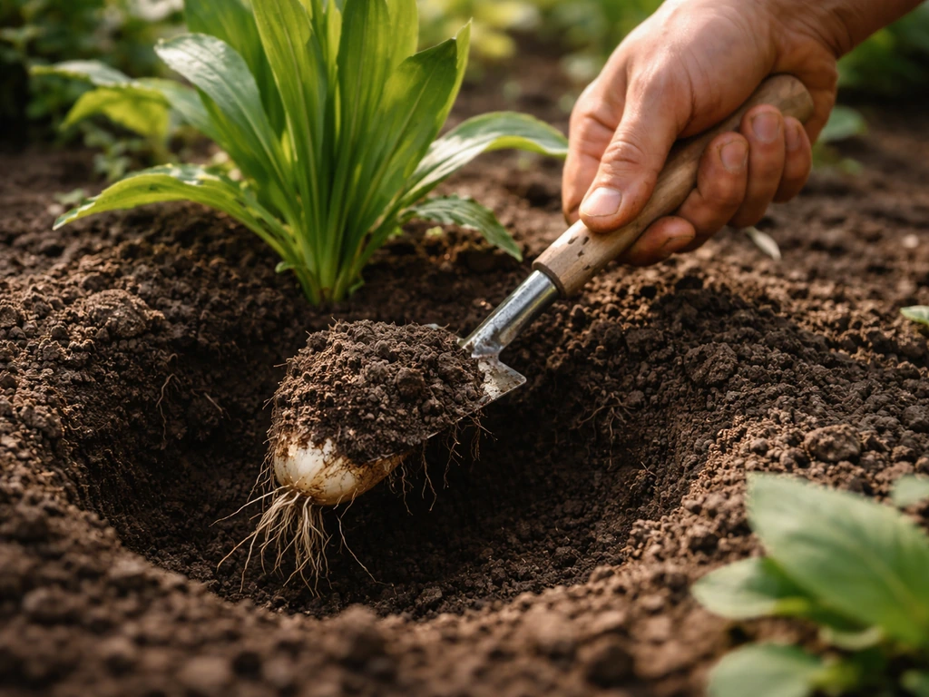 Tuinier graaft met smalle schop rondom plantenblad uit; bol zichtbaar, grondklomp op lichte tuingrond