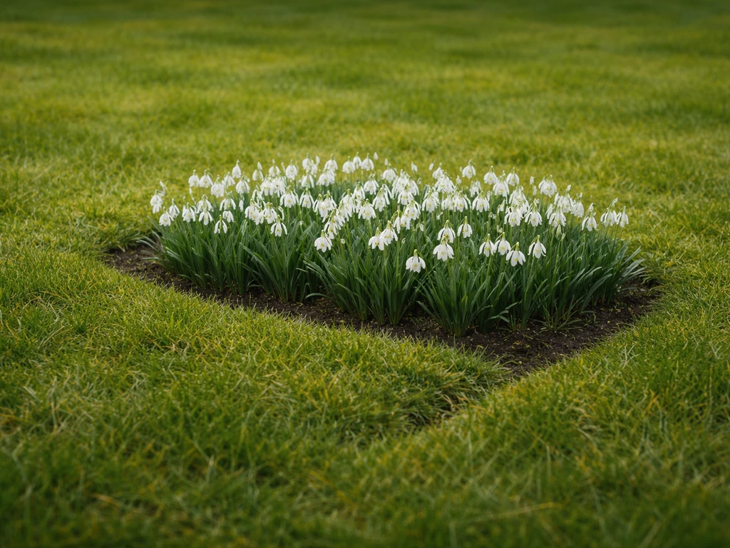 Nette afgebakende zone in het gazon met sneeuwklokjes en zichtbaar gras rondom.