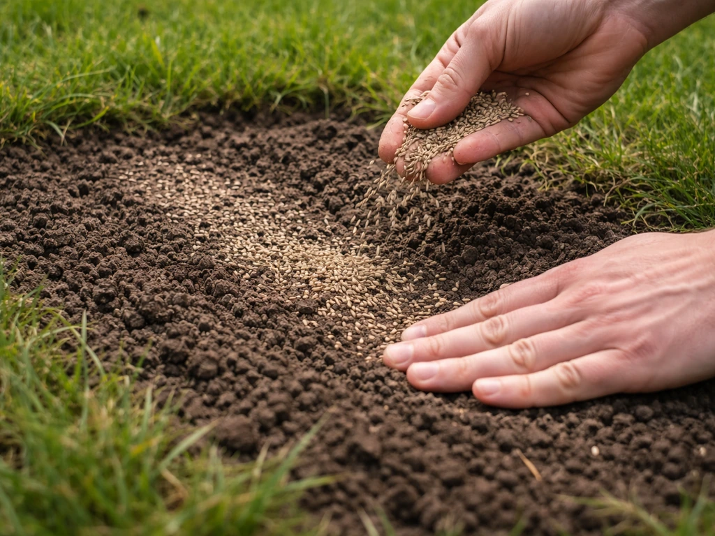 Handen strooien graszaad op een kale plek en drukken de losse aarde licht aan met een hark-geopende bodem.