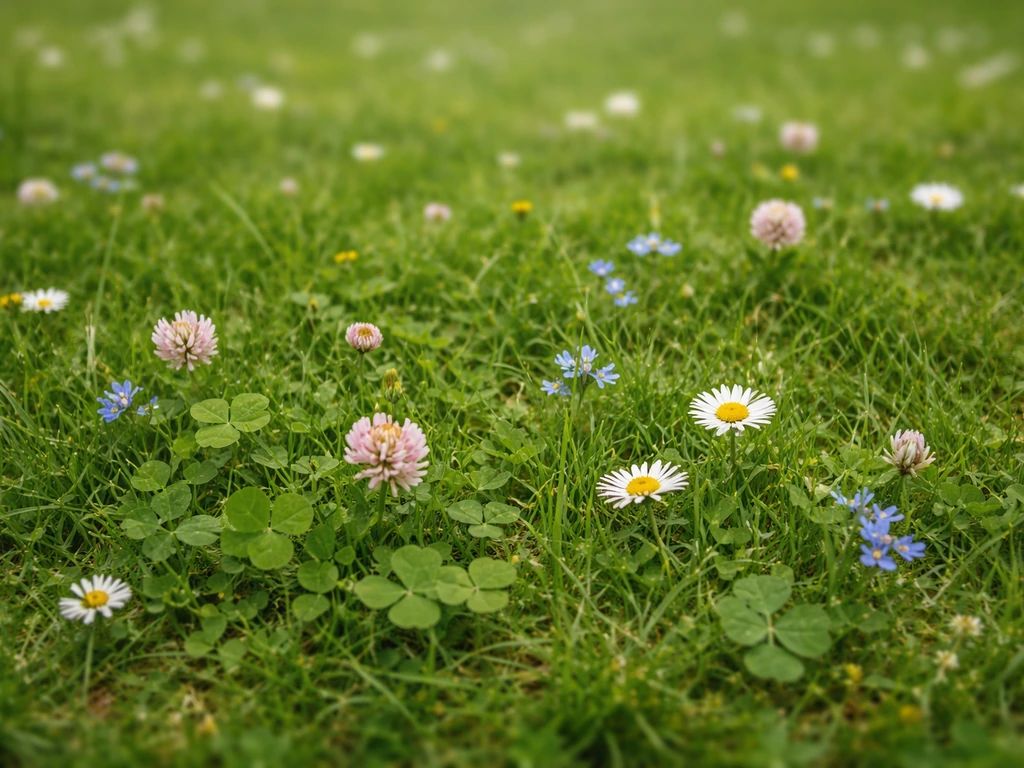 Close-up van een bloemrijk gazon met gras en kleine wilde bloemen/kruiden, natuurlijk en levendig tussengebied.