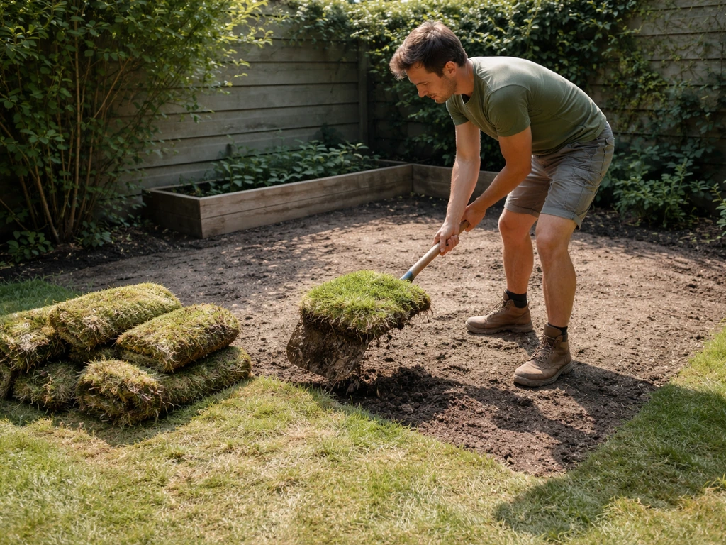 Tuin in opbouw: grasmat losgemaakt met schop, kale grond klaar om bloemzaden te zaaien.