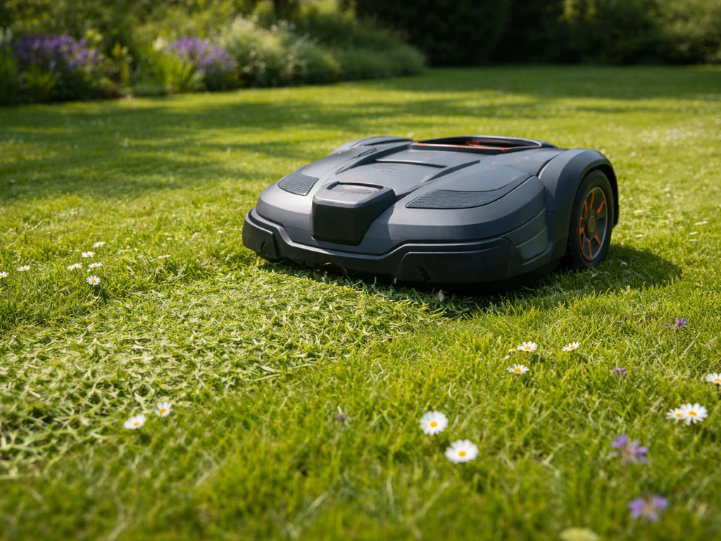 Robotmaaier die kort gazon maait (6–8 cm) met maaisel op de grond en bloemen tussen het gras.