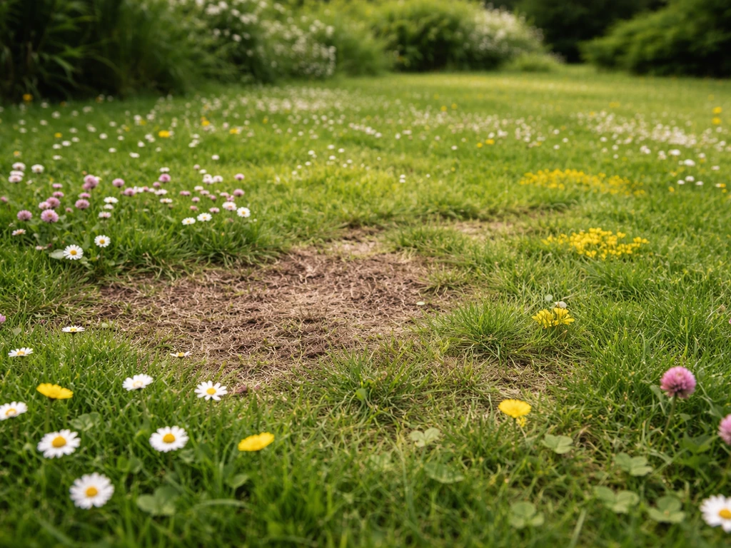 Close-up van een bloemrijk gazon met kale en gele vlekken, met subtiele bloemetjes ertussen.