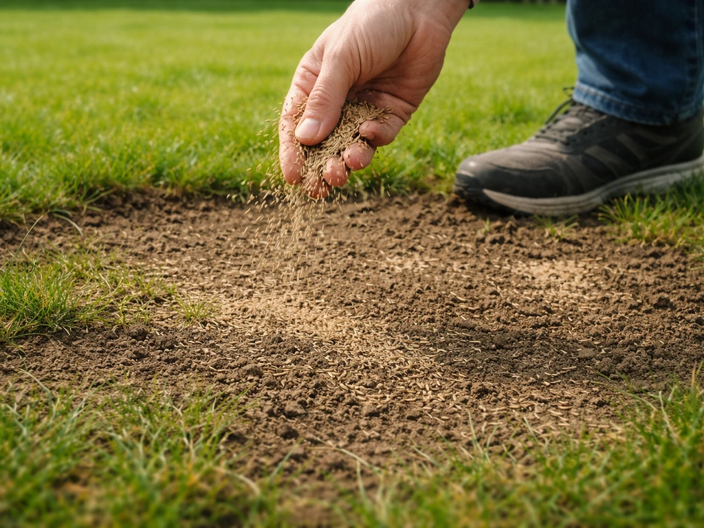 Hand strooit graszaad op een kale plek in het gazon en drukt licht aan met de voet.