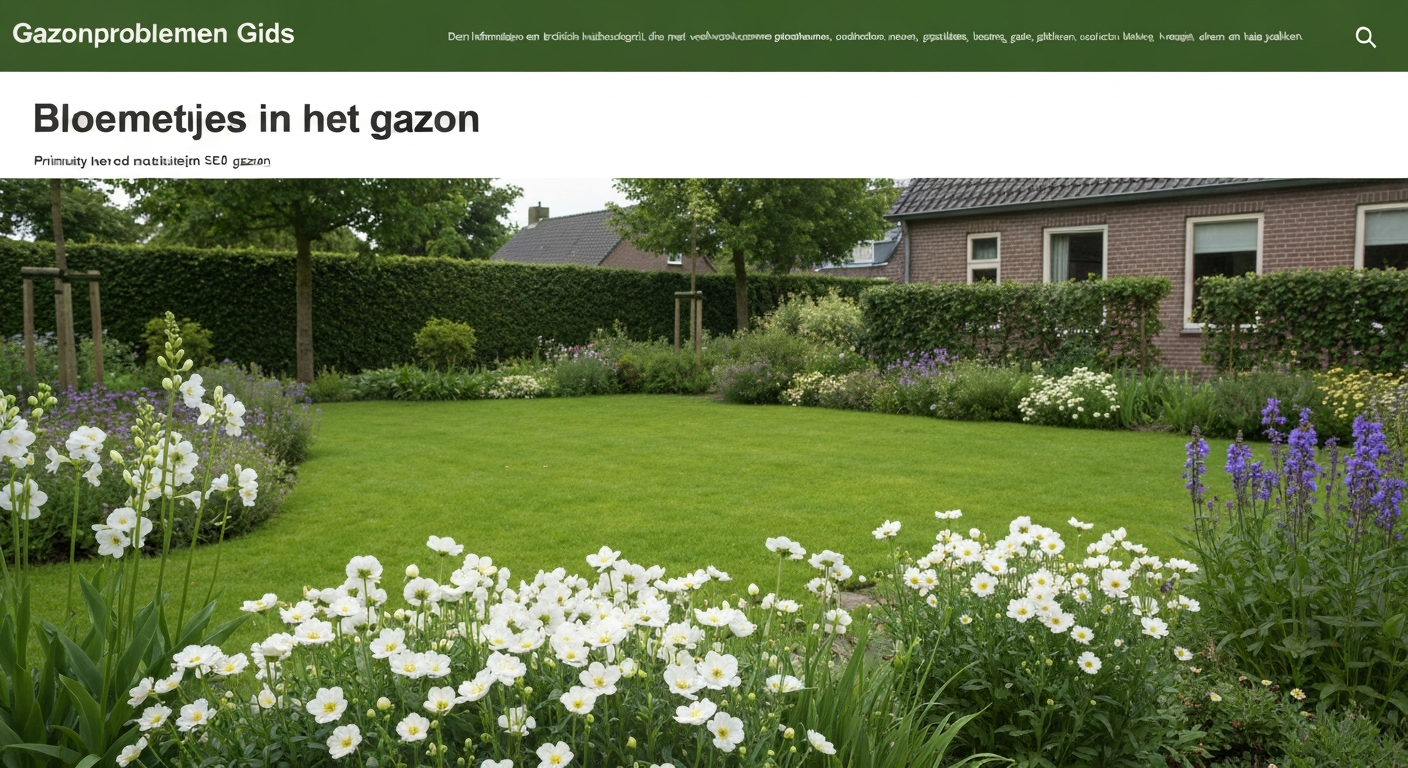 Nederlands gazon met gras en verspreide madeliefjes, paardenbloemen, boterbloemen en witte klaver, met bijen op de bloemen.