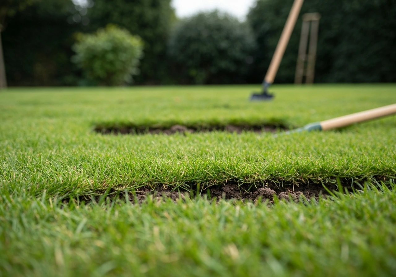 Close-up van een kale, recent afgestoken plek in groen gazon met zichtbare spade- en grondstructuur