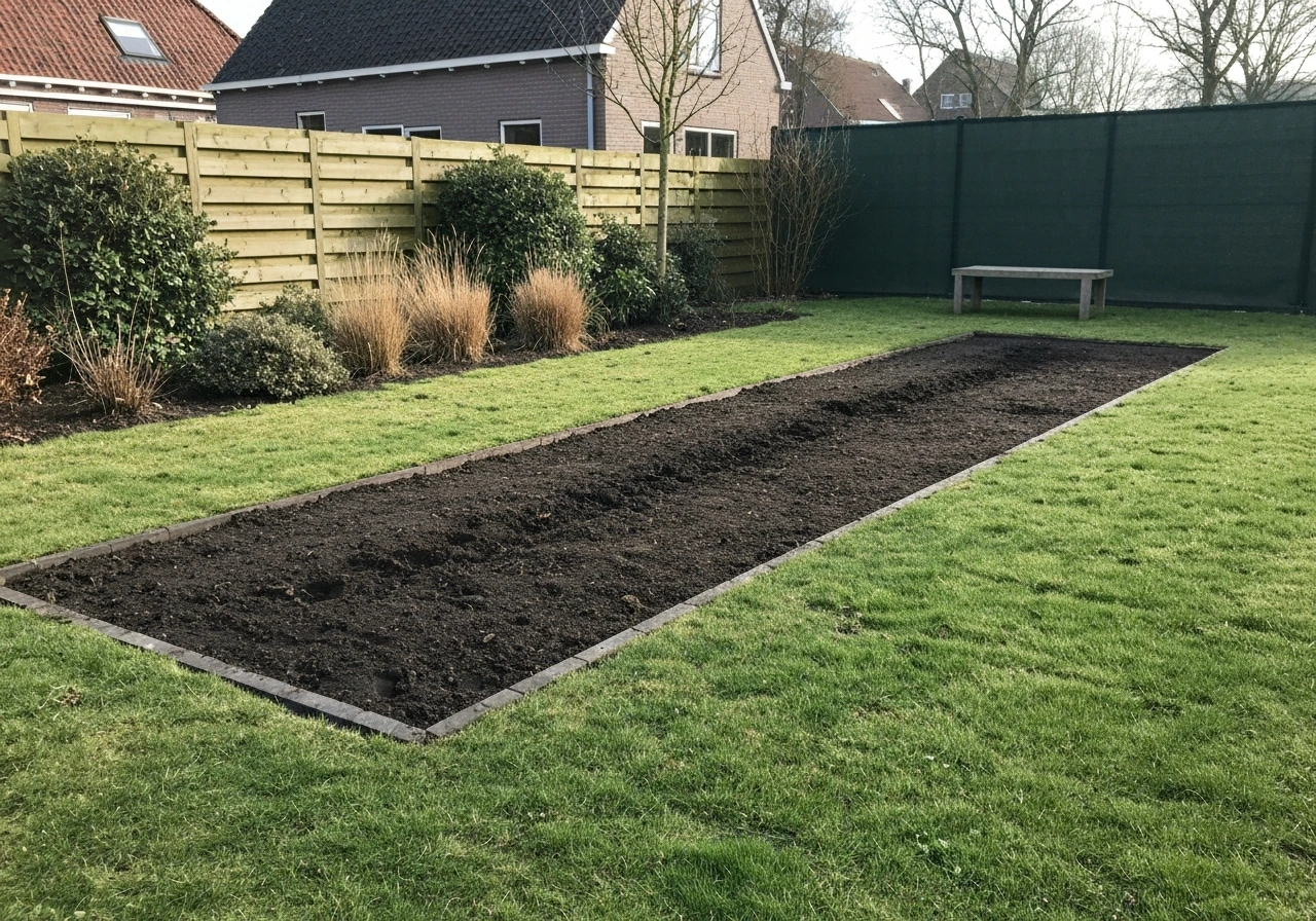 Gazon met kale plek bij border en een recent uitgegraven sleuf, duidelijk het verschil in bodem.