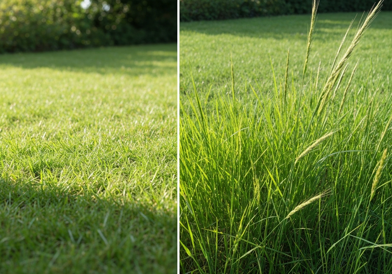 Links graszaad op kale grond, rechts net gelegde graszoden met dichtlopende naden.