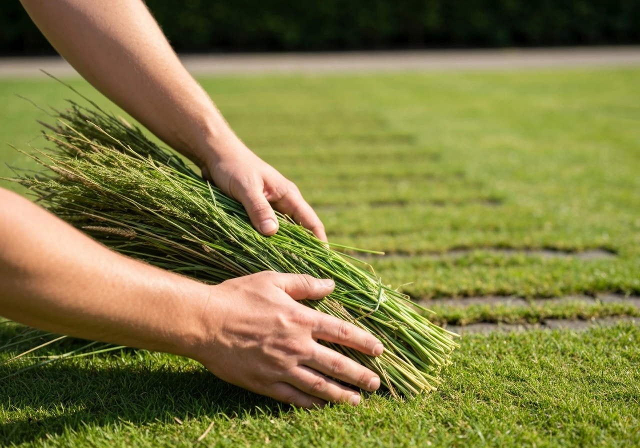 Anonieme handen leggen en laten graszoden strak aansluiten in lange stroken in een tuin, in warm zomerlicht.