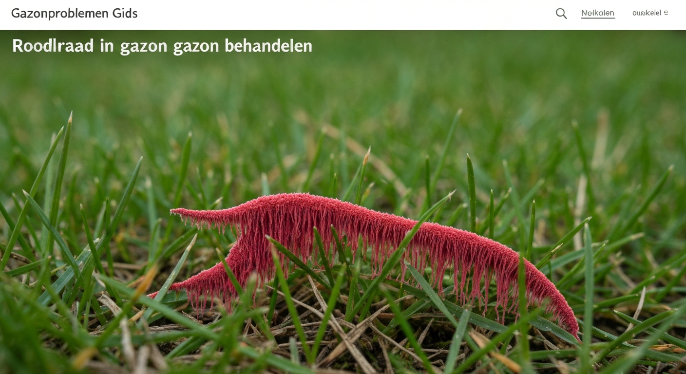 Macrofoto van rooddraad in gazon: roze-rode draadjes op grassprieten met dauw